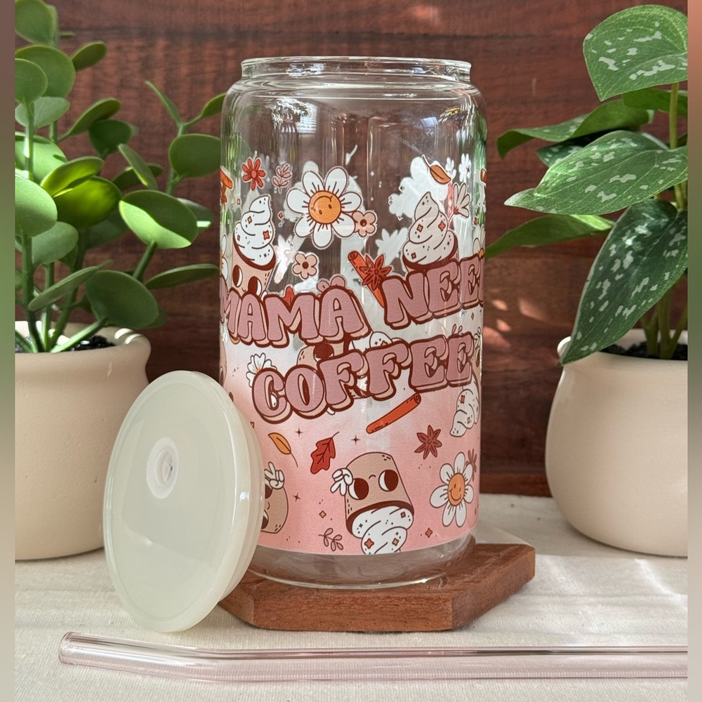 Cute “Mama Needs Coffee” Glass Cup with Lid and Straw